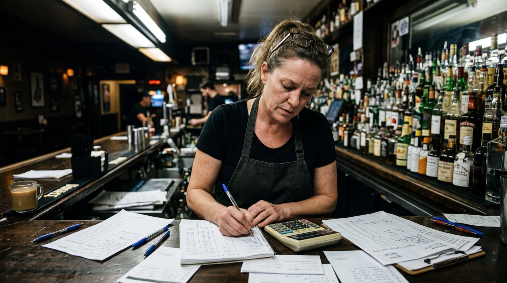 Manual inventory with paper: one person writes while another checks bottle levels